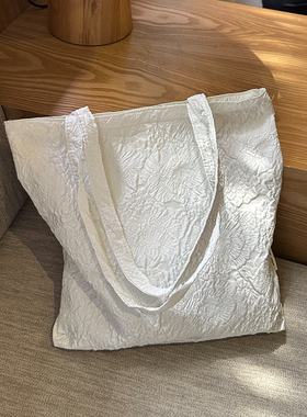 2023新款ins大容量通勤包白色提花单肩包帆布女大学生上课手提包