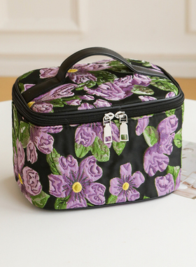 新款紫色花朵翻盖手提大容量化妆包高级感旅行收纳包便携洗漱包女