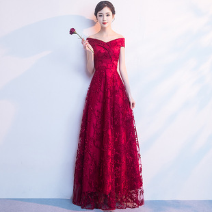 大码胖mm晚礼服女显宴会婚礼年会演出一字肩长款结婚新娘敬酒服春