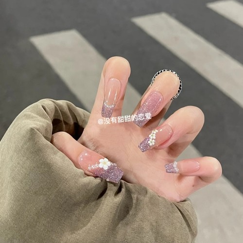 纯欲风淡紫色bling小花穿戴甲