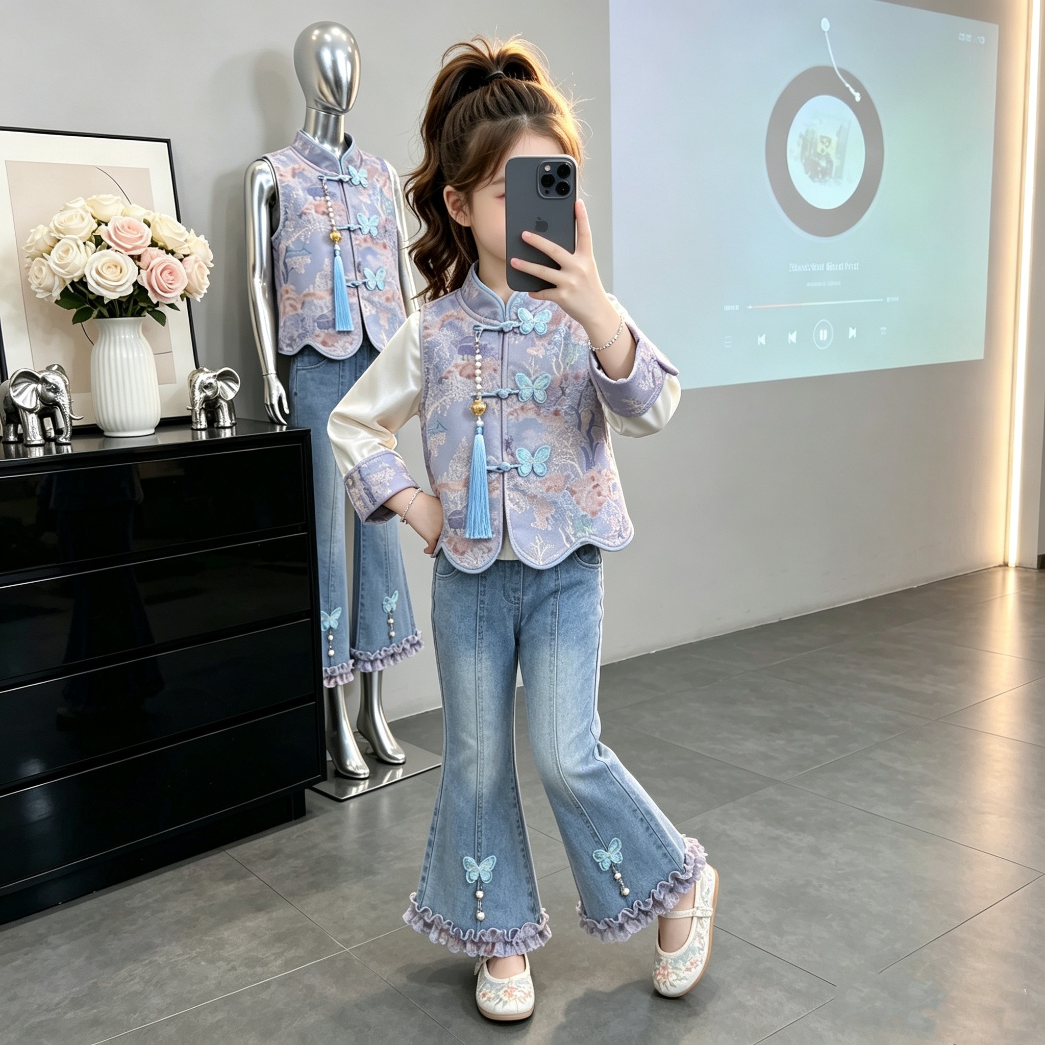 女童春秋季新中式网红蝴蝶三件套