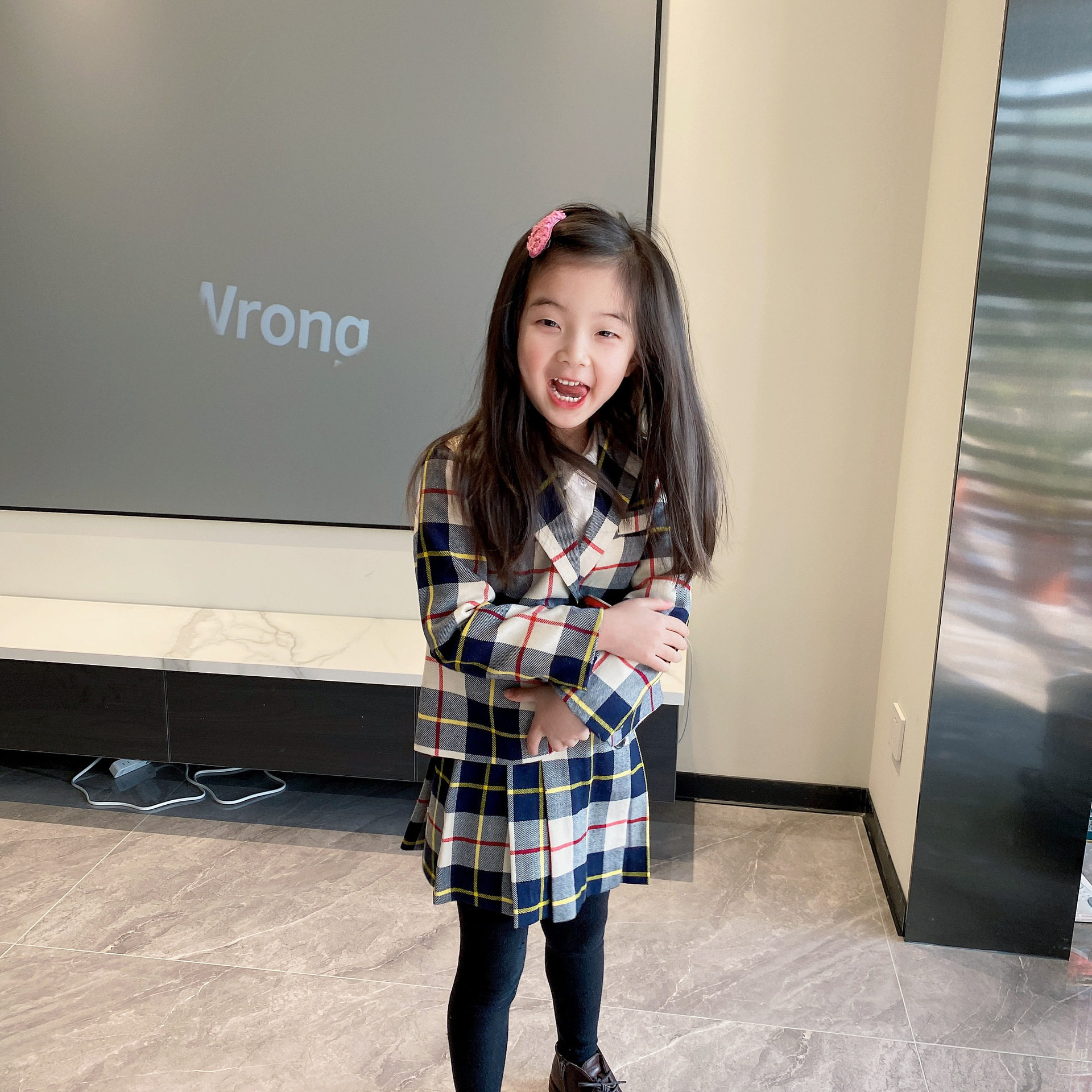 女童2024秋季新款学院风套装羊毛格子西装小西服女孩洋气百褶裙冬