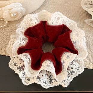 气质红色丝绒蕾丝双层大肠发圈女高级感优雅新年头饰发绳扎头超大