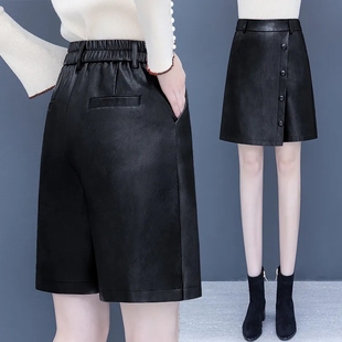 pu皮短裤女秋冬季裤裙2023新款高腰外穿阔腿五分裙裤假两件靴皮裤
