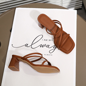 复古棕色后空粗跟凉鞋 一鞋 女法式 舒适软皮一字带高跟凉拖鞋 两穿