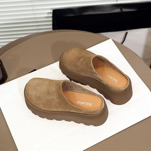 松驰感~真皮增高6CM厚底勃肯半拖鞋女秋冬外穿卡其色包头一脚蹬
