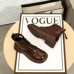 软皮马丁靴女秋冬2025新款 风短靴 复古棕色靴子百搭瘦瘦靴厚底工装