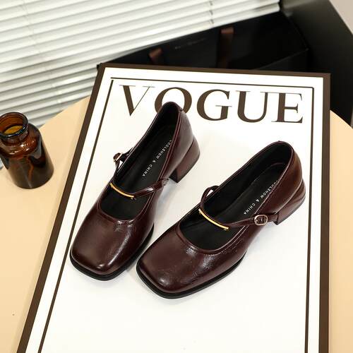 舒适软皮复古风一字带玛丽珍鞋女