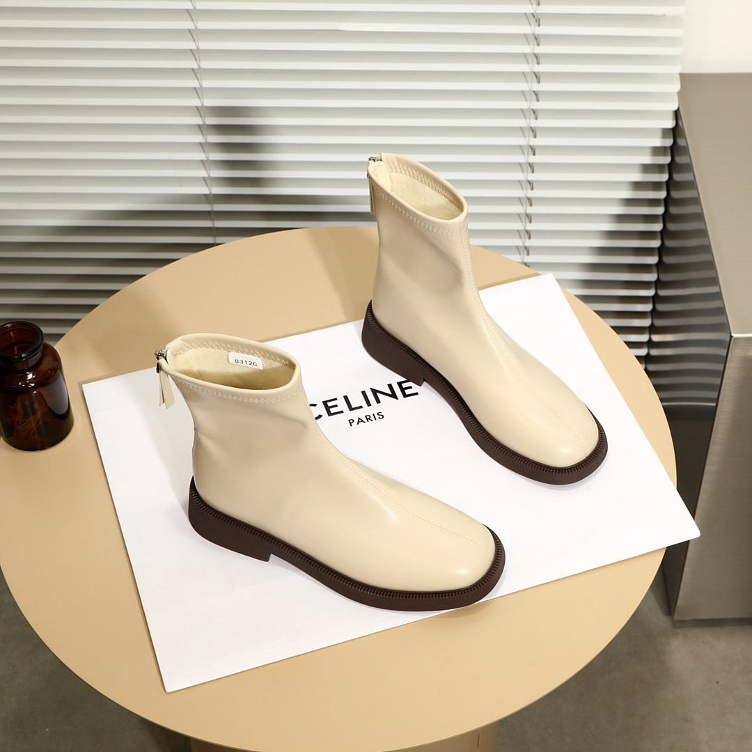 秋冬季女鞋显脚小舒适软皮短靴百搭米白色瘦瘦靴加绒低跟平底靴子,女鞋,时装靴,淘宝优惠券,粉丝福利购,淘宝优惠卷