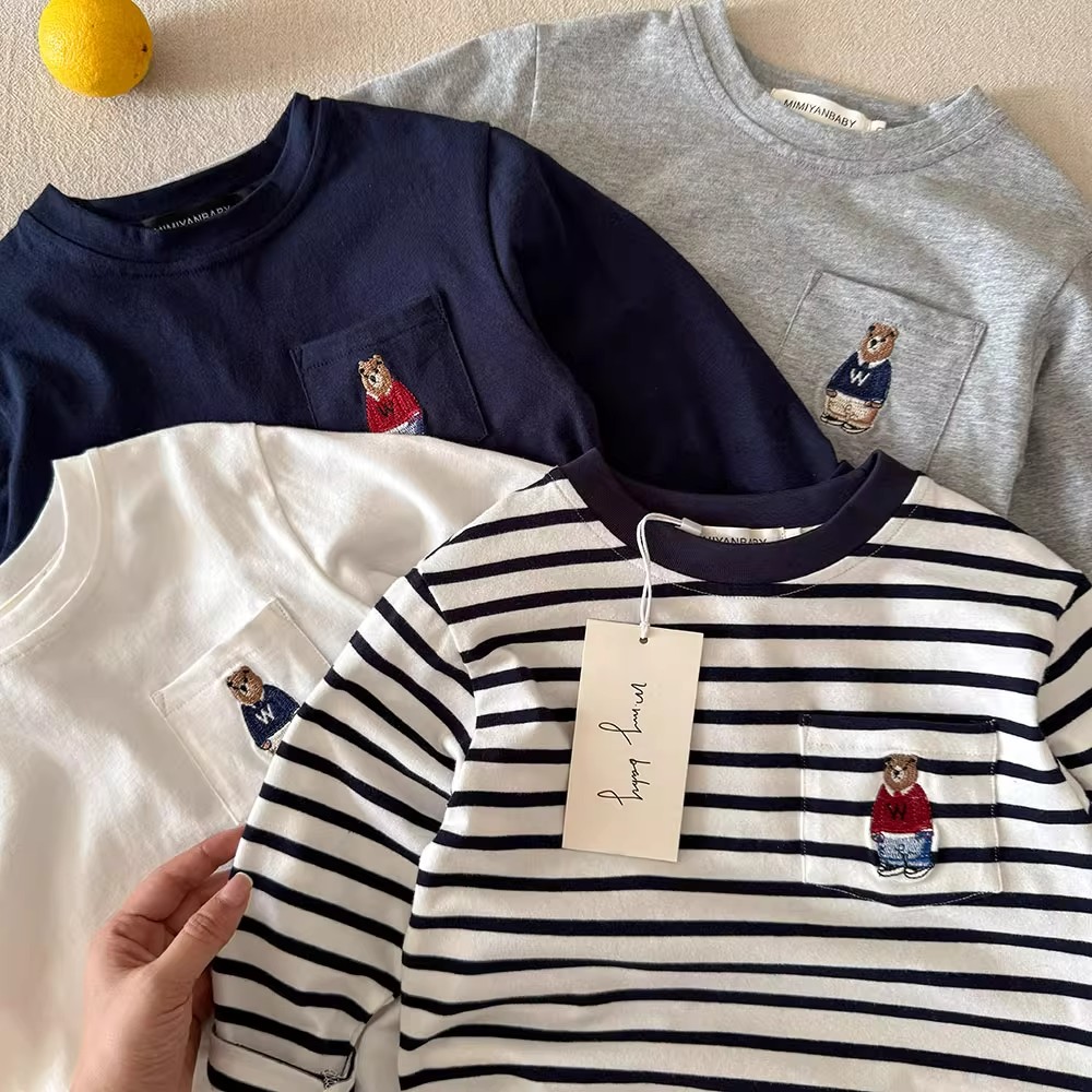 儿童纯棉长袖t恤小熊刺绣上衣