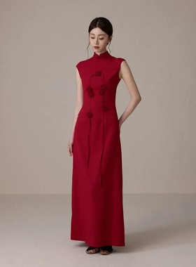 出租ONMOON 原创新中式红色花朵旗袍连衣裙新款国风盘扣敬酒礼服