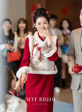 出租红色新中式年轻款旗袍拜年服套装红色马甲2026年冬新款