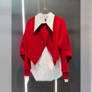 【商场同款】高级感红色卫衣拼接白色衬衫女2026春季假两件套上衣
