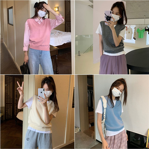 日系复古慵懒风毛衣马甲女春秋V领叠穿针织衫小背心坎肩外搭马夹