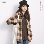 宽松chic毛呢子衬衣经典 开衫 学生 bf风加厚磨毛格子衬衫 外套女秋季