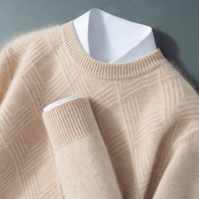 男士100%羊毛圆领菱形针织衫