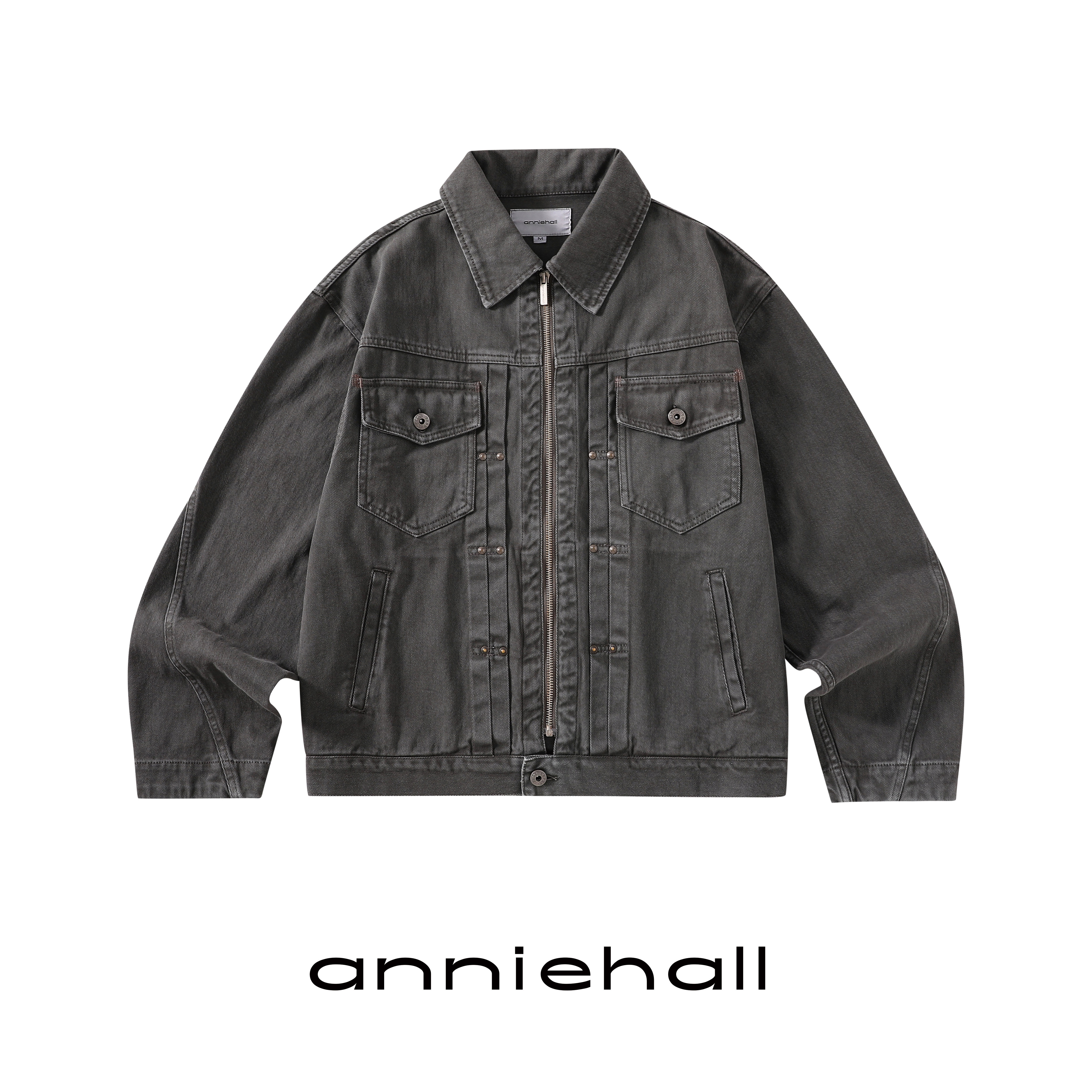 Anniehall 23fw灰棕色蜡染水洗拉链牛仔夹克外套做旧复古
