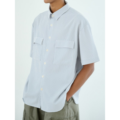 泡泡纱条纹复古日系双袋短袖衬衫