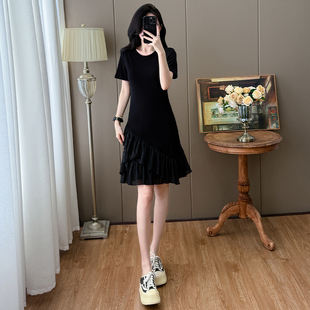 嫩妈T恤裙产后哺乳裙 大码 哺乳衣外出拼接连衣裙夏时尚 显瘦中长款