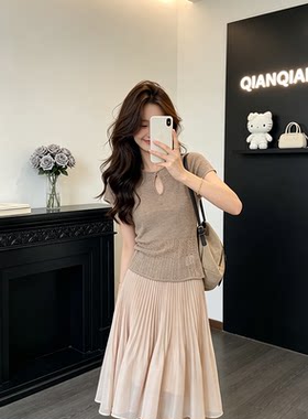 夏季针织短袖哺乳短裙两件套