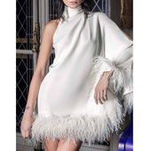 高端晚礼服鸵鸟毛短2024新款 高级质感轻奢舞台演出服名媛小礼服裙