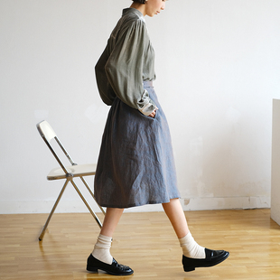 蓝亚麻 mannee慢呢 摆裙 褶皱简约 黄真丝 高端限量