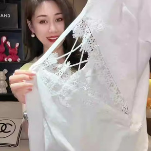 美背镂空正肩上衣白t 新款 欧货后背蕾丝拼接纯棉圆领短袖 T恤女夏季