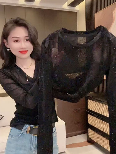 薄网纱女高级气质长袖亮丝打底衫