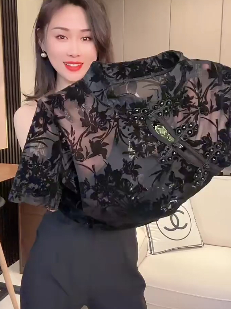 短袖植绒蕾丝衫复古新中式修身