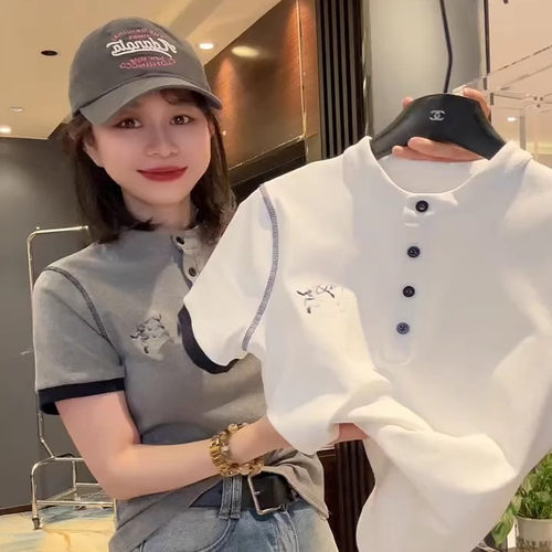 欧货立领纽扣纯短袖T恤女