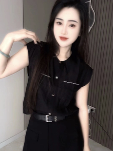 黑色小飞袖衬衫女夏季新款宽松显瘦休闲百搭洋气减龄无袖短款上衣