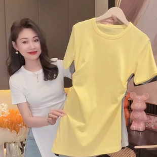 抽褶不规则开叉上衣遮肚体恤白 T恤女夏季 欧货圆领纯棉短袖 中长款