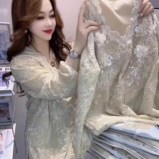 欧货V领中长款蕾丝衫女春新款重工提花刺绣亮片长袖小衫宽松遮臀