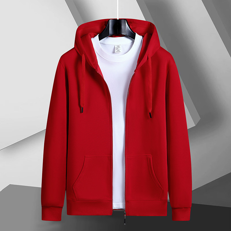 中国红色连帽外套秋冬拉链开衫卫衣加绒加厚带帽夹克运动休闲帽衫