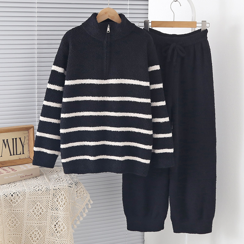 半边绒情侣睡衣男款秋冬2025新款加厚条纹长裤可外穿家居服女套装