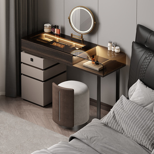 意式黑色极简梳妆台斗柜一体化妆桌床头卧室收纳轻奢玻璃台高级感