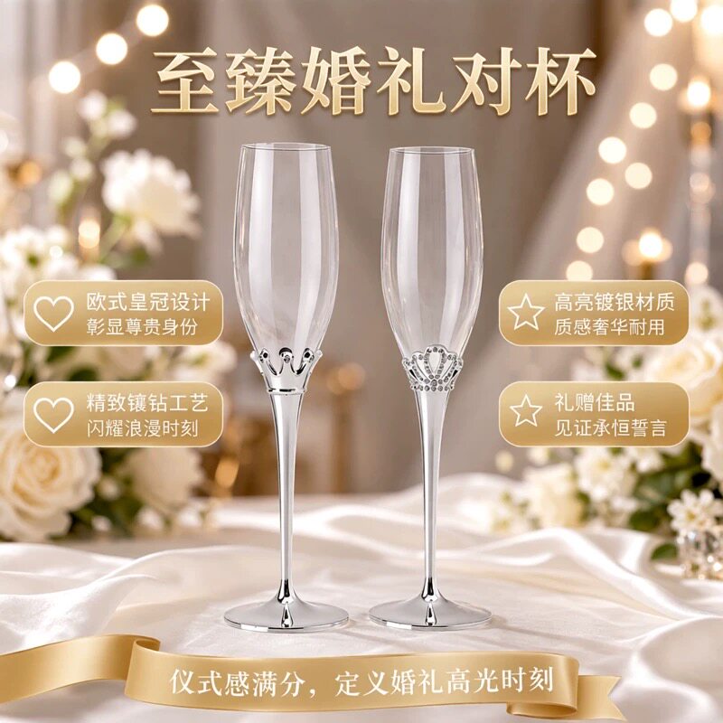欧式婚礼香槟杯皇冠高脚杯结婚对杯镀银酒杯结婚礼物红酒酒杯