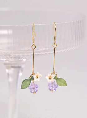 925银针花朵耳环森系耳坠可爱水果梅花叶手作葡萄紫甜美气质耳饰