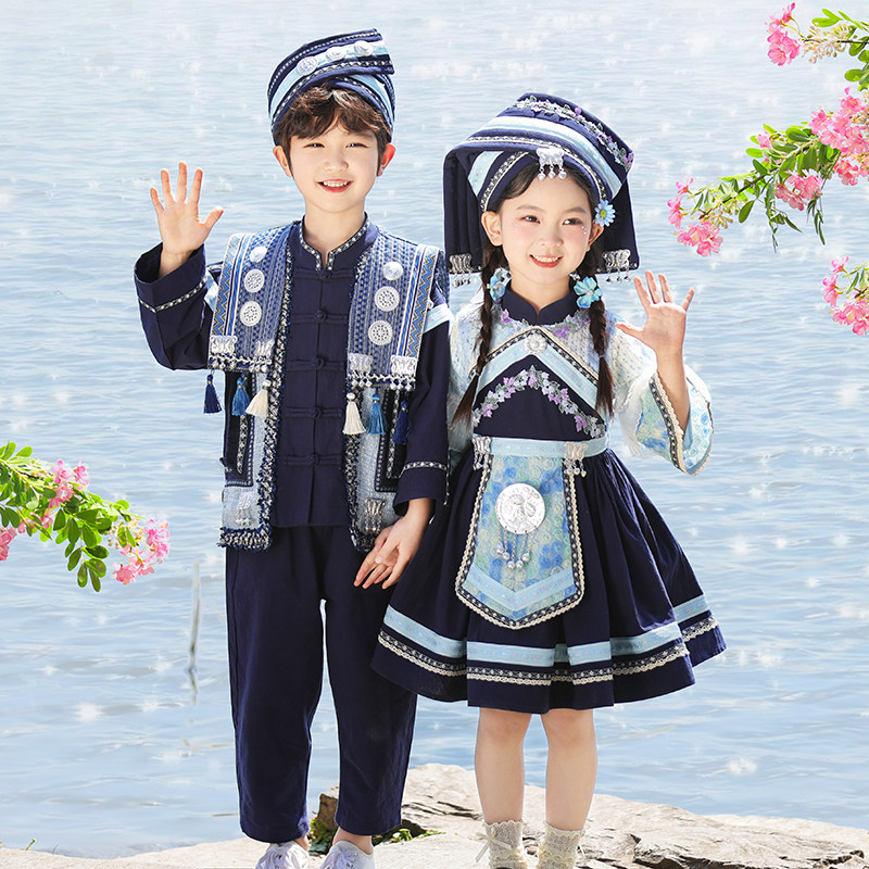 广西三月三壮族儿童演出服男女少数民族服装幼儿舞蹈表演服藏蓝色