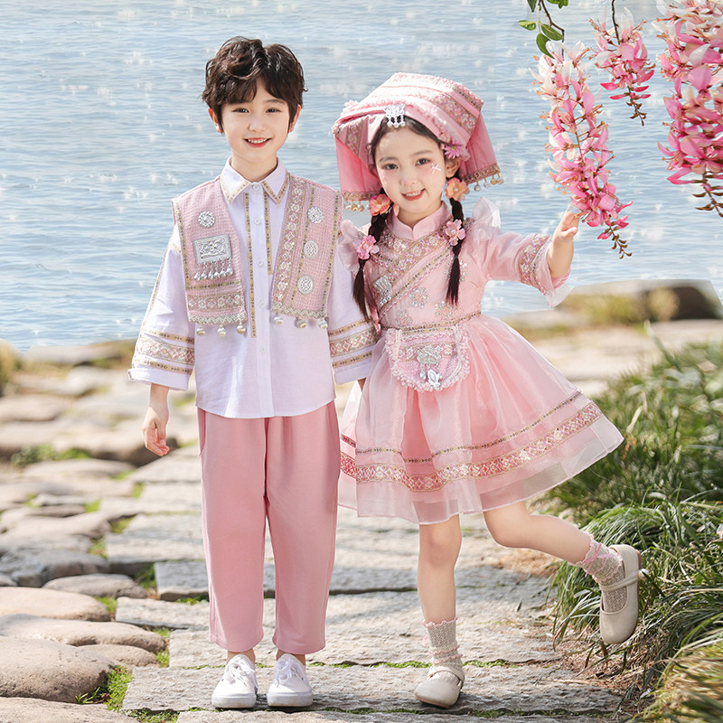 新款少数民族风儿童演出服男女童广西三月三壮族苗族舞蹈表演服装