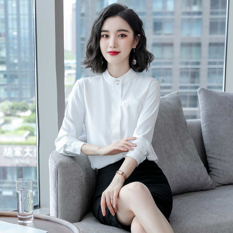 OL面试职业衬衫女长袖修身百搭立领雪纺衬衣半身西裙两件套