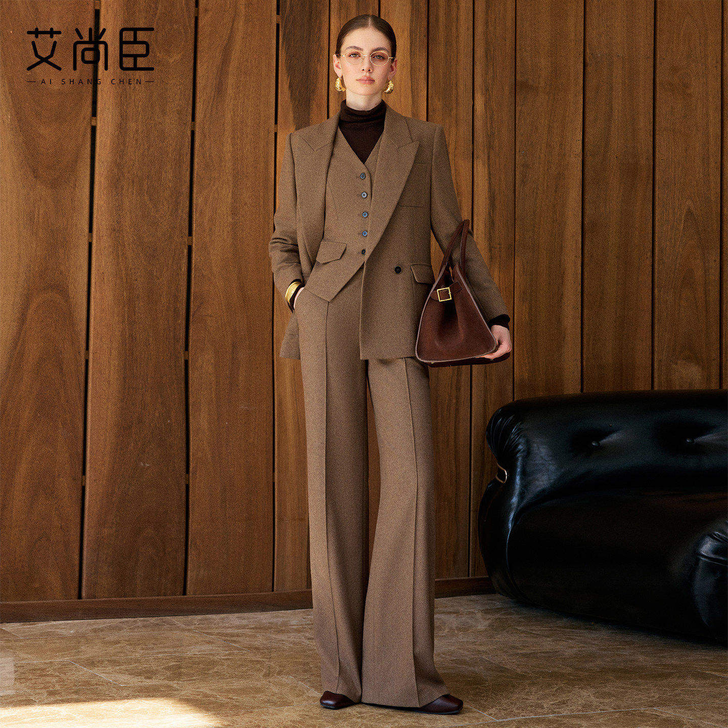 艾尚臣韩版气质毛呢西装套装女高智感阔腿裤两件套老钱风职场正装