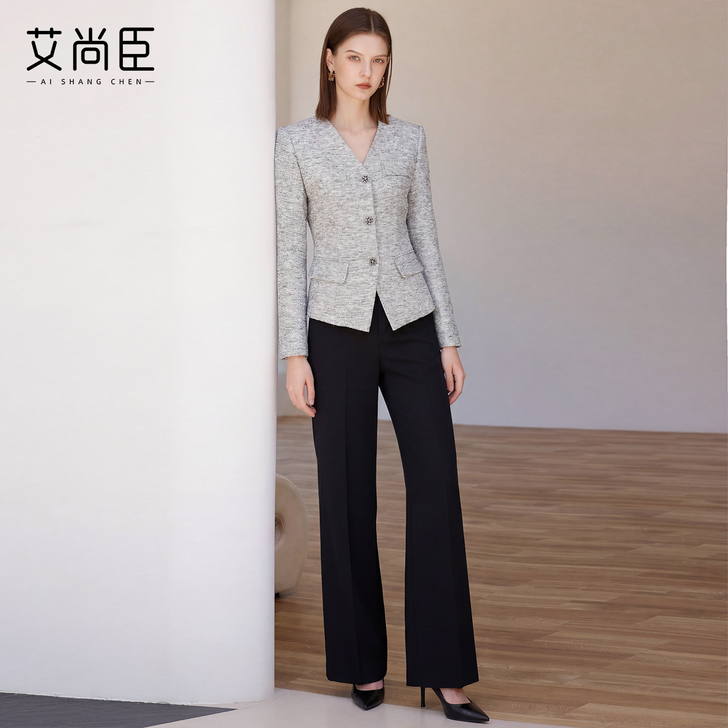 艾尚臣轻奢通勤正装女V领西装外套阔腿裤西服套装气质职场百搭款