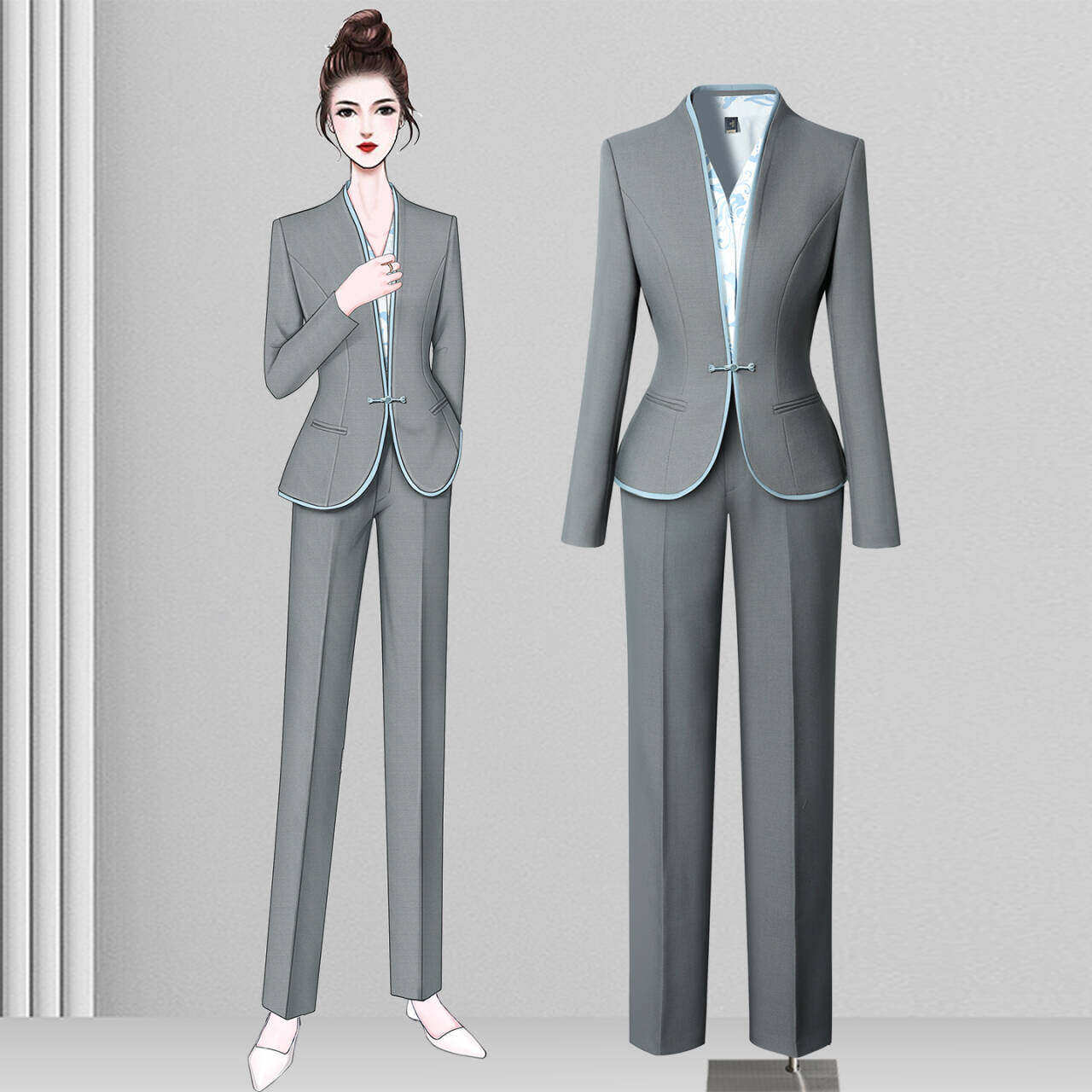 空姐制服职业套装女新中式灰色西装气质修身售楼部高端接待工作服