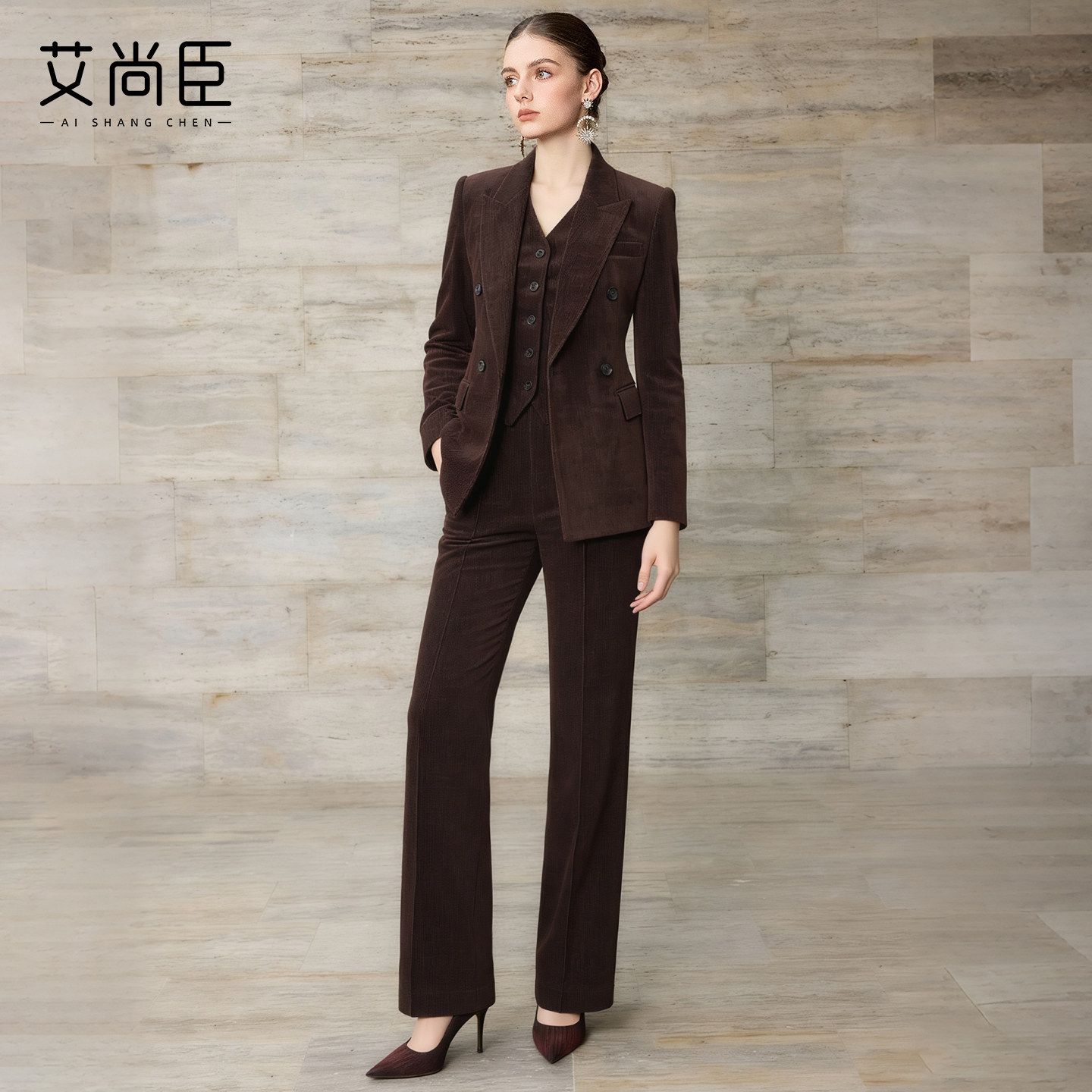 艾尚臣长袖商务西装套装女冬季双排扣收腰西服正装职业装气质女装