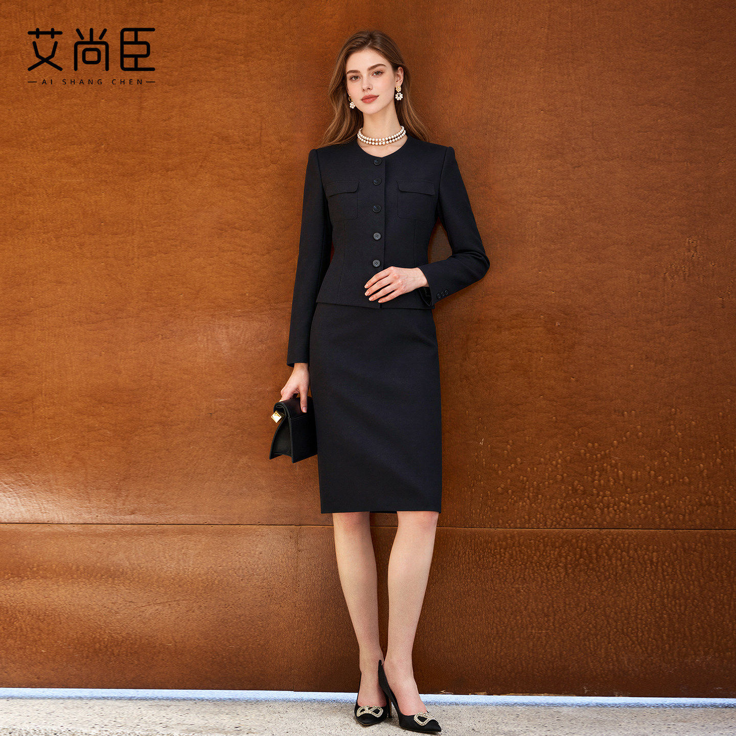 艾尚臣轻奢风圆领西装套装裙女士秋冬千金风高级感职场通勤两件套