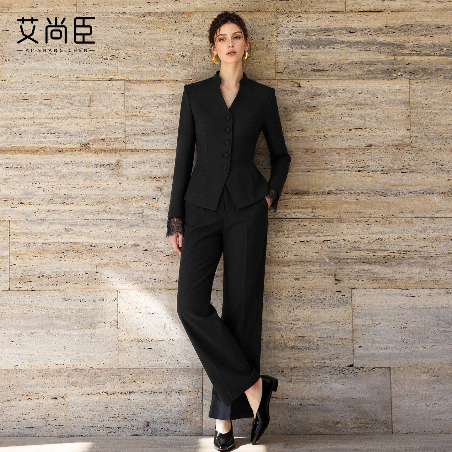 艾尚臣黑色职业套装女长袖西装外套长裤两件套通勤装气质西装套装