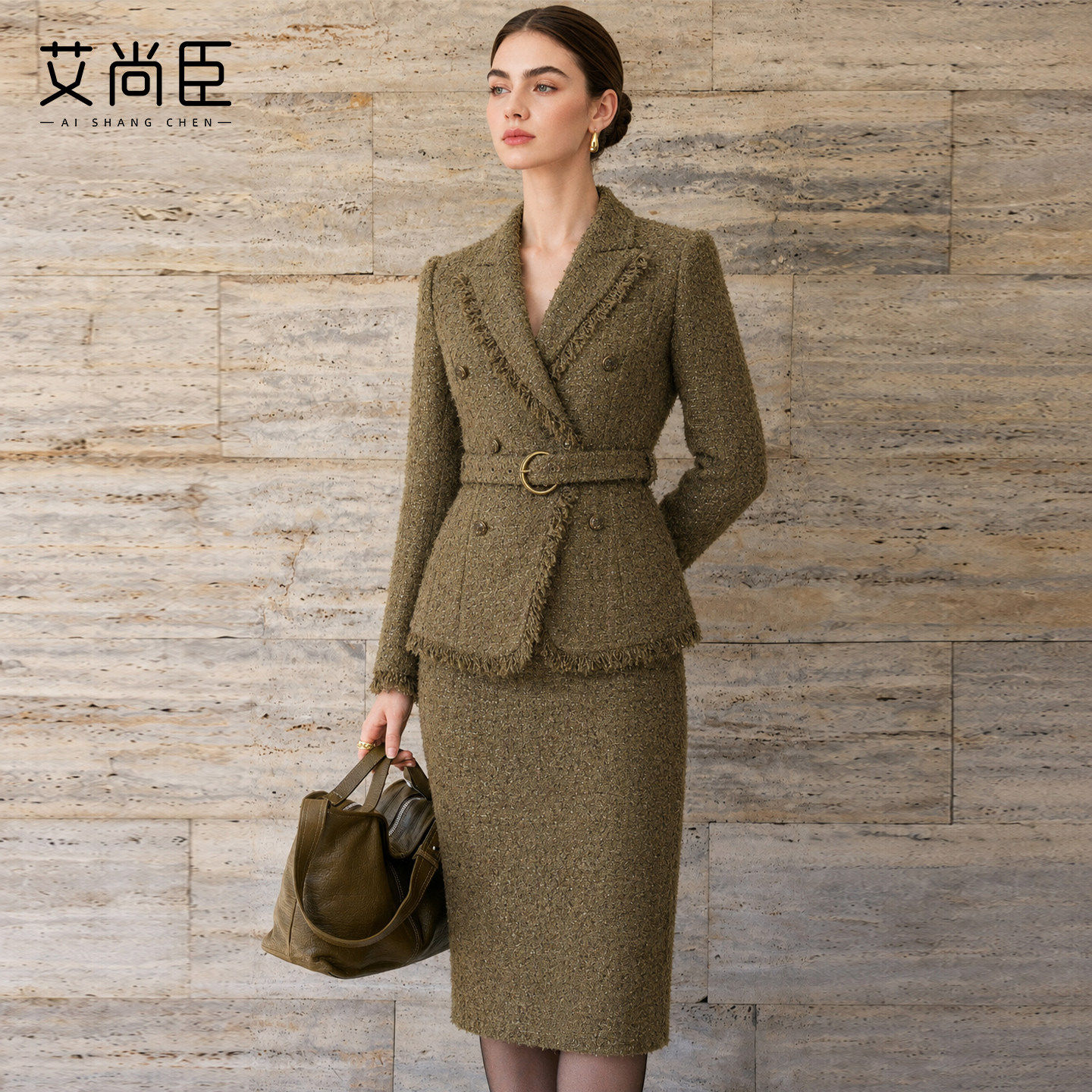 艾尚臣小香风毛呢西装套装女秋冬时尚气质职业收腰两件套知性套装