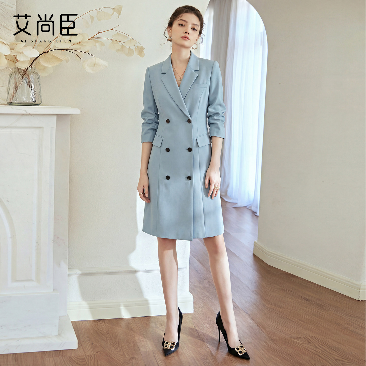 艾尚臣经典高级蓝色双排扣西装连衣裙女职业气质收腰中长款正装裙