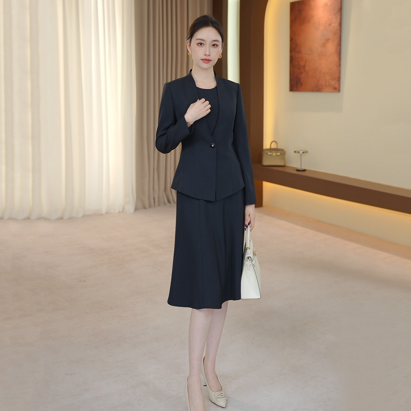 钟老板 藏青色西装套装女2026春季新款简约通勤外套连衣裙两件套